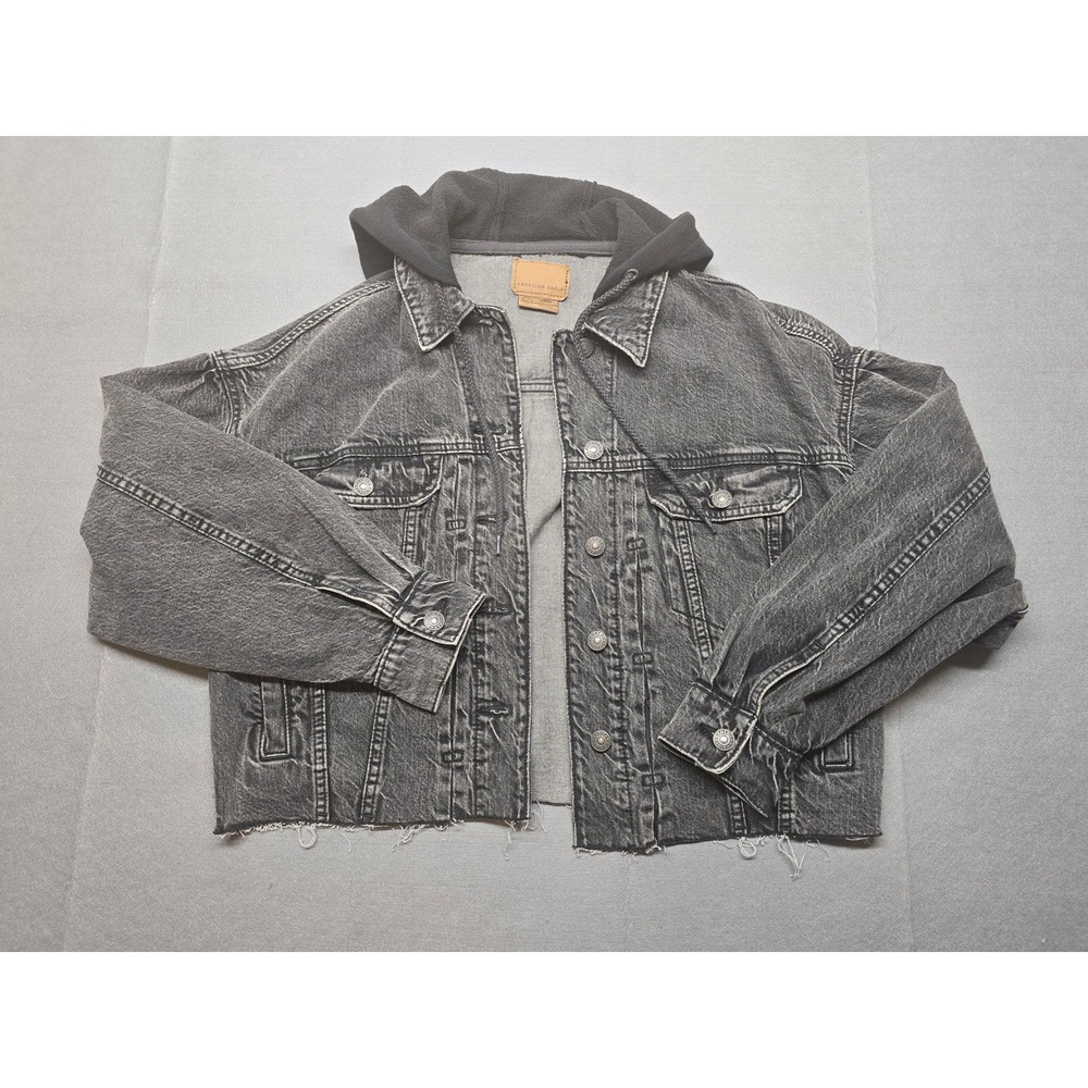 American Eagle Washed Black Hooded Crop Denim Jacket Raw Hem Small Oversized